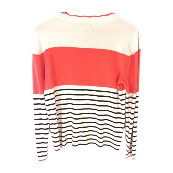Liz Claiborne Career Striped Colorblock Sweater XL Coral White Navy Ribbed Crew - Picture 6 of 10